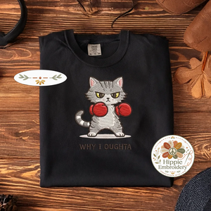 Comfort Colors Why I Oughta Cat Embroidered T-Shirt, Boxing Cat Tee