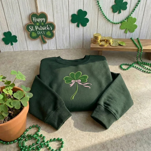 Coquette Shamrock Embroidered Sweatshirt, Pink Bow Irish Top