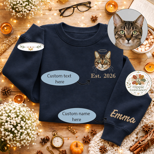 Custom Cat Photo Embroidered Sweatshirt, Angel Halo Memorial Crew