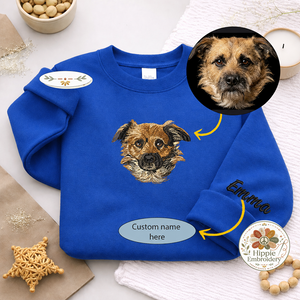 Custom Dog Portrait Embroidered Sweatshirt, Pet Name on Sleeve