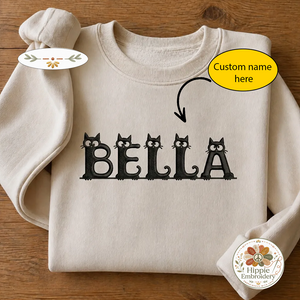 Custom Name Peeking Black Cat Alphabet Embroidered Sweatshirt, Crew