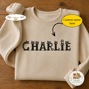 Custom Name Peeking Black Cat Alphabet Embroidered Sweatshirt, Crew