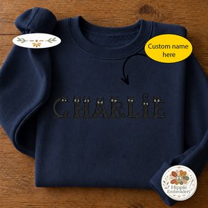 Custom Name Peeking Black Cat Alphabet Embroidered Sweatshirt, Crew