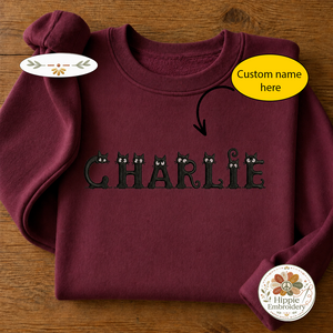 Custom Name Peeking Black Cat Alphabet Embroidered Sweatshirt, Crew
