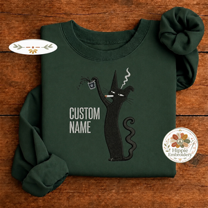 Custom Name Smoking Black Cat Embroidered Sweatshirt, Coffee Crew