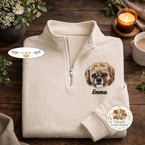 Custom Pet Portrait Embroidered Quarter Zip Sweatshirt, Dog Cat