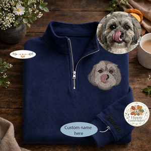 Custom Pet Portrait Embroidered Quarter Zip, Dog Cat Memorial Gift