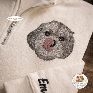 Custom Pet Portrait Embroidered Quarter Zip, Dog Cat Memorial Gift