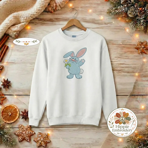 Cute Blue Bunny Embroidered Sweatshirt, Floral Rabbit Top