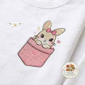 Cute Pocket Bunny Embroidered Sweatshirt, Heart Rabbit Top