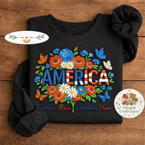 Embroidered America Shirt, Patriotic USA Floral Flag Crewneck
