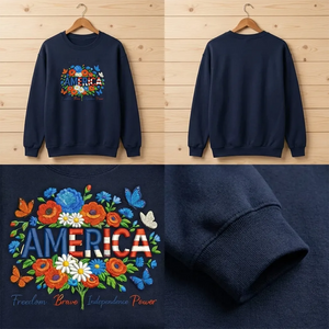 Embroidered America Shirt, Patriotic USA Floral Flag Crewneck