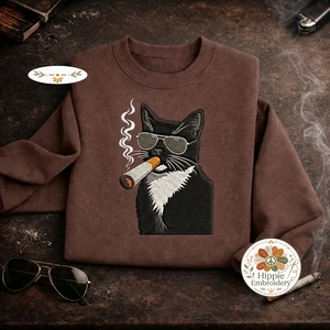 Embroidered Badass Tuxedo Cat Sweatshirt, Edgy Smoking Cat Shirt