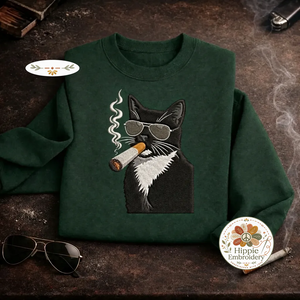 Embroidered Badass Tuxedo Cat Sweatshirt, Edgy Smoking Cat Shirt