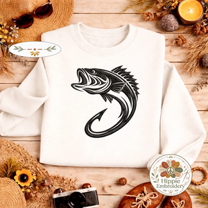 Embroidered Bass Fishing Hook Sweatshirt, Minimalist Crewneck