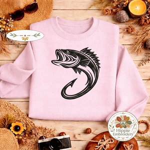 Embroidered Bass Fishing Hook Sweatshirt, Minimalist Crewneck