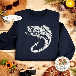 Embroidered Bass Fishing Hook Sweatshirt, Minimalist Crewneck