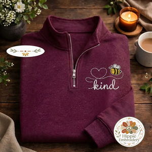 Embroidered Bee Kind Quarter Zip, Heart Honey Bee Sweatshirt