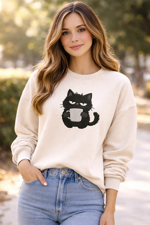 Embroidered Black Cat Coffee Sweatshirt, Funny Sarcastic Shirt