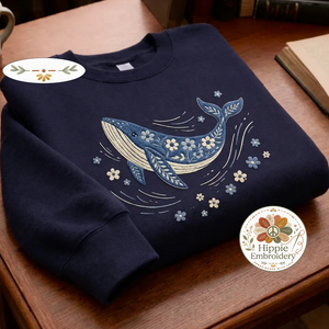 Embroidered Blue Whale Sweatshirt, Floral Marine Life Ocean Crewneck