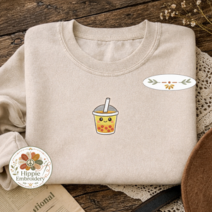 Embroidered Boba Tea Faux Pocket Sweatshirt, Kawaii Milk Tea Shirt