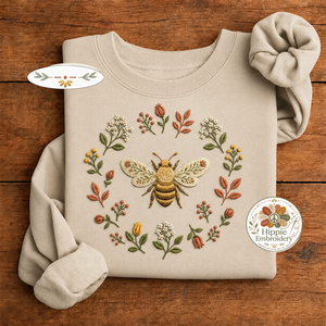 Embroidered Boho Floral Bee Sweatshirt, Botanical Wildflower Crew