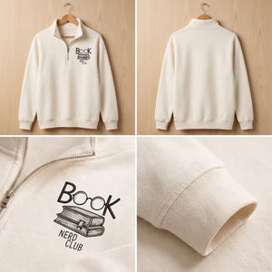 Embroidered Book Nerd Club Quarter Zip, Minimalist Book Sweatshirt