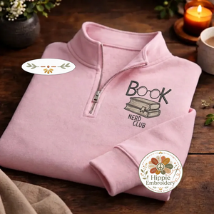 Embroidered Book Nerd Club Quarter Zip, Minimalist Book Sweatshirt