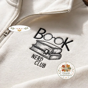 Embroidered Book Nerd Club Quarter Zip, Minimalist Book Sweatshirt
