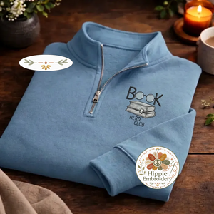 Embroidered Book Nerd Club Quarter Zip, Minimalist Book Sweatshirt