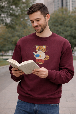 Embroidered Bookish Cat Sweatshirt, Scholarly Feline Book Shirt