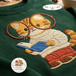 Embroidered Bookish Cat Sweatshirt, Scholarly Feline Book Shirt