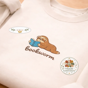 Embroidered Bookworm Sweatshirt, Nerd Sloth Crewneck for Readers