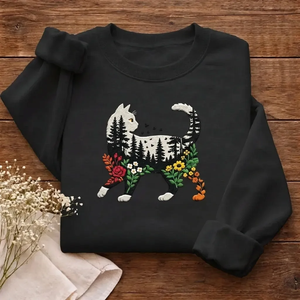Embroidered Cat Nature Forest Sweatshirt, Floral Feline Crewneck