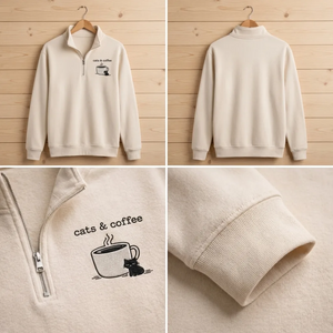 Embroidered Cats Coffee Quarter Zip, Minimalist Black Cat Shirt