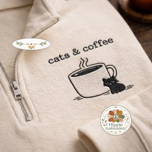 Embroidered Cats Coffee Quarter Zip, Minimalist Black Cat Shirt