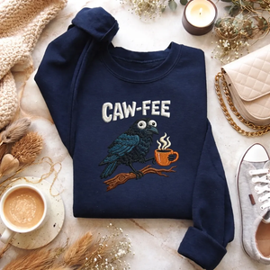 Embroidered Caw-fee Crow Sweatshirt, Funny Coffee Pun Shirt