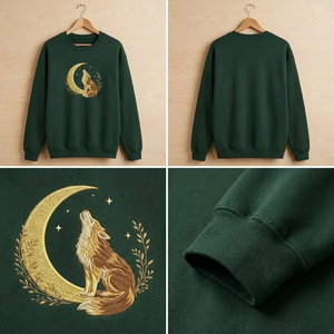 Embroidered Celestial Howling Wolf Sweatshirt, Woodland Crewneck