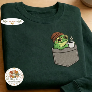 Embroidered Coffee Frog Faux Pocket Sweatshirt, Caffeine Crewneck
