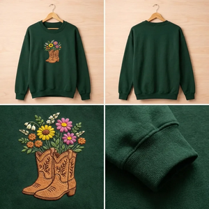 Embroidered Cowboy Boots Floral Sweatshirt, Western Flower Shirt
