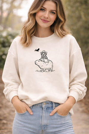 Embroidered Cowboy Cat Riding Capybara Sweatshirt, Western Shirt