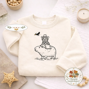 Embroidered Cowboy Cat Riding Capybara Sweatshirt, Western Shirt