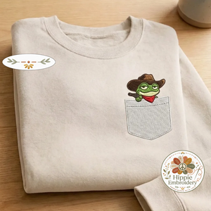 Embroidered Cowboy Frog Faux Pocket Sweatshirt, Western Crewneck