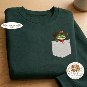 Embroidered Cowboy Frog Faux Pocket Sweatshirt, Western Crewneck