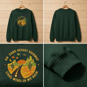 Embroidered Dark Desert Highway Sweatshirt, Cool Wind Crewneck