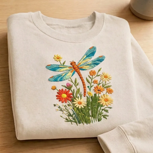 Embroidered Dragonfly Wildflower Sweatshirt, Botanical Nature Crew