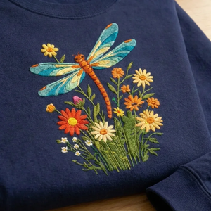 Embroidered Dragonfly Wildflower Sweatshirt, Botanical Nature Crew