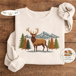 Embroidered Elk Mountain Sweatshirt, Woodland Nature Wildlife Crewneck
