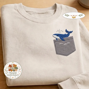 Embroidered Faux Pocket Whale Sweatshirt, Nautical Ocean Crewneck