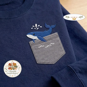 Embroidered Faux Pocket Whale Sweatshirt, Nautical Ocean Crewneck